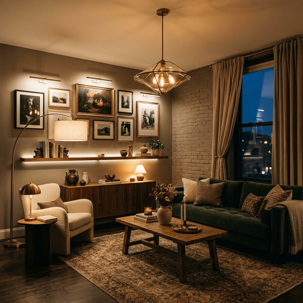 Modern living room with green sofa, armchair, wooden coffee table, and framed wall art