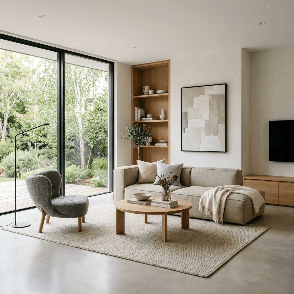 Modern beige sectional sofa, round wooden coffee table, gray armchair, and large glass doors with garden view