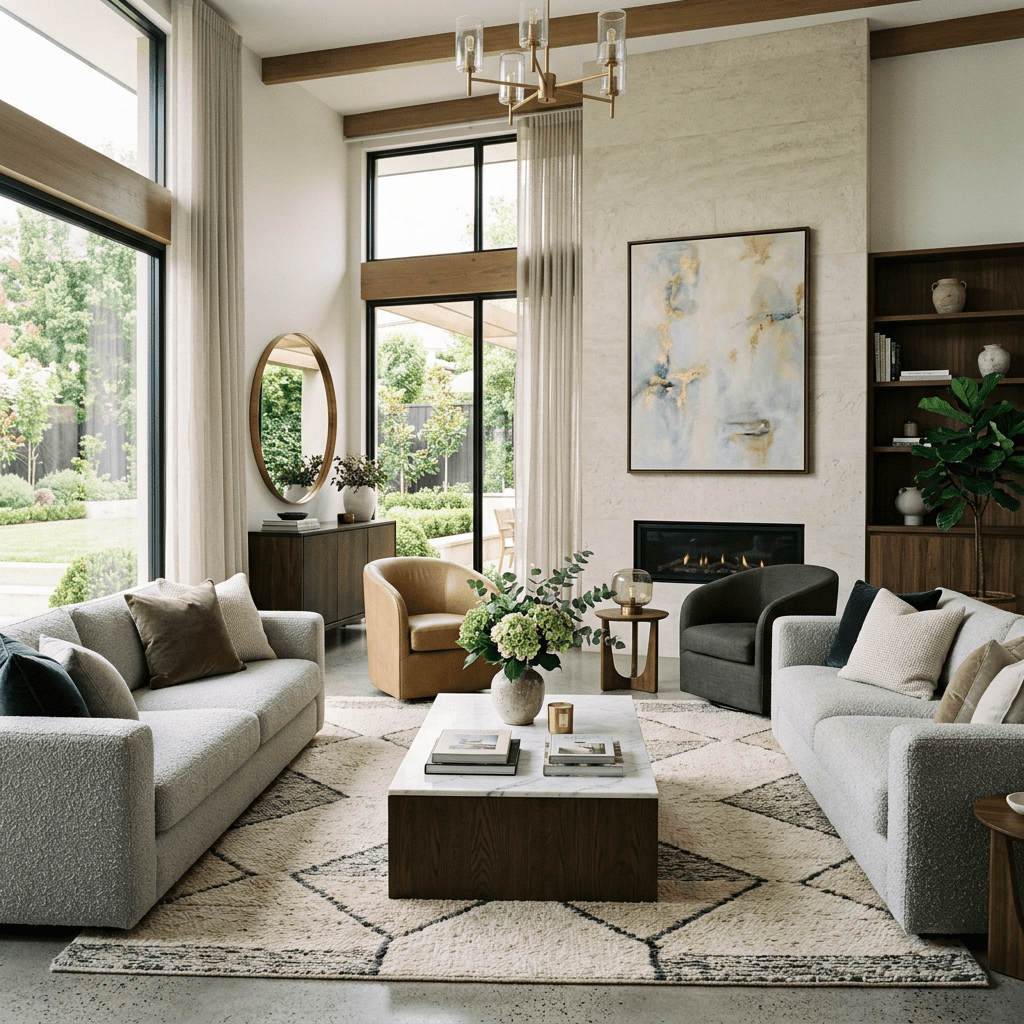 Modern living room with two sofas, two armchairs, fireplace, coffee table with books and flowers.