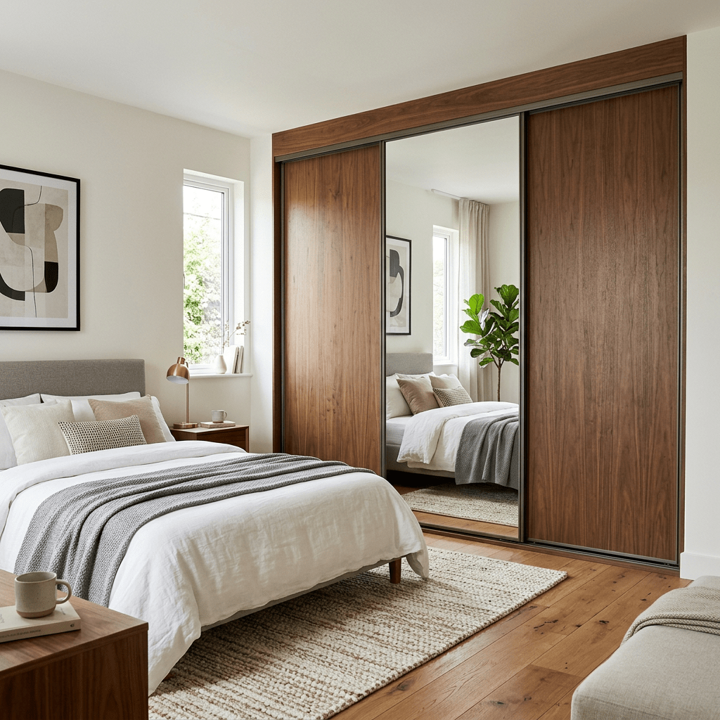 Bedroom with white bedding, wooden sliding closet, and mirror panel reflecting the room