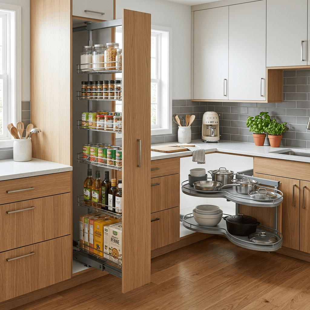 Pull-out pantry stocked with jars, spices, cans, and olive oil bottles next to corner cabinet with rotating shelves holding pots and bowls