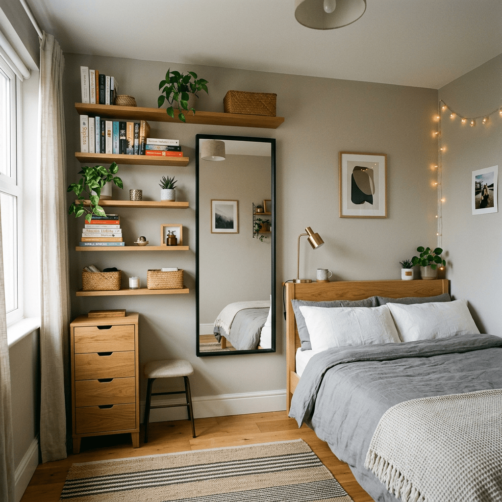 Bedroom with wooden bedframe, gray bedding, wooden drawers, and wall shelves with books and plants