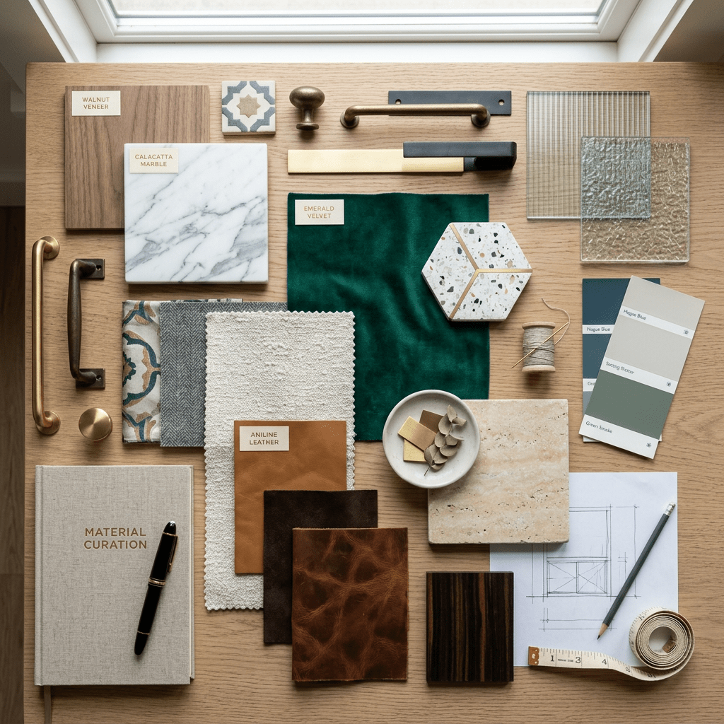 Various interior design materials including wood veneer, marble, velvet fabric, leather swatches, tile samples, hardware handles, and paint color cards laid out on a wooden surface